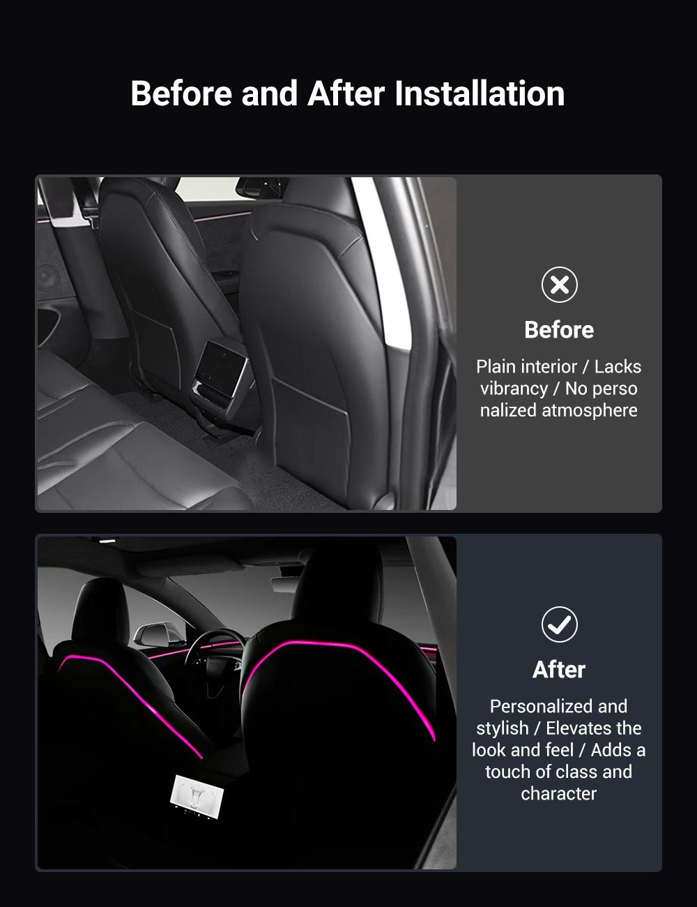 [Aisen] LED Seat Back Ambient Lighting for Tesla Model Y Juniper & Model 3 Highland (Flexible Fiber, 2-Pack)