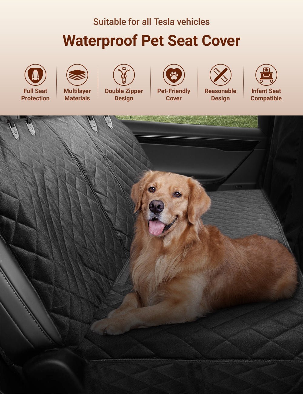 [Aisen] Dog Seat Cover Travel Hammock for Tesla Cybertruck Model Y 3 X S (Double Zipper 600D Oxford, 1-Pack)