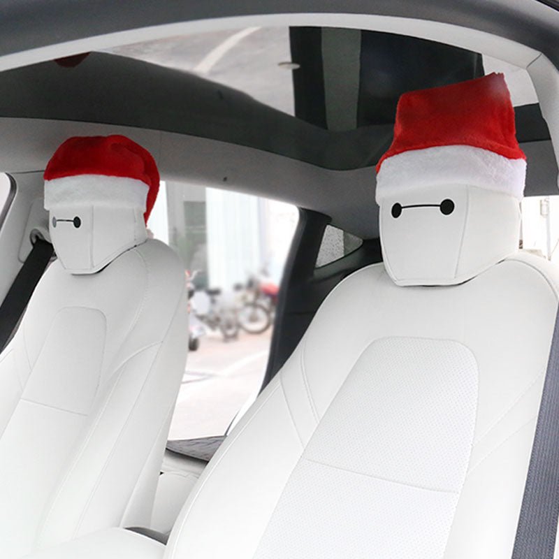 [Aisen] Silicone-Soft Velvet Christmas Hat Headrest Covers for Tesla Model 3 & Model Y (Premium Festive Velvet, 4-Piece Combo)