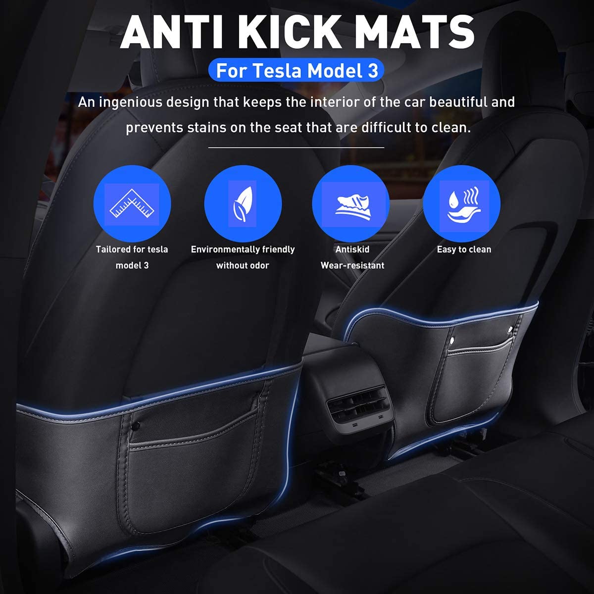 [Aisen] Seat Back Anti-Kick Protector Guard Organizer for Tesla Model Y Model 3 (Premium Anti-Scratch PU Leather, 2-Piece Full Set)