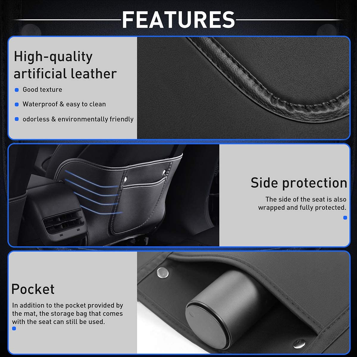[Aisen] Seat Back Anti-Kick Protector Guard Organizer for Tesla Model Y Model 3 (Premium Anti-Scratch PU Leather, 2-Piece Full Set)