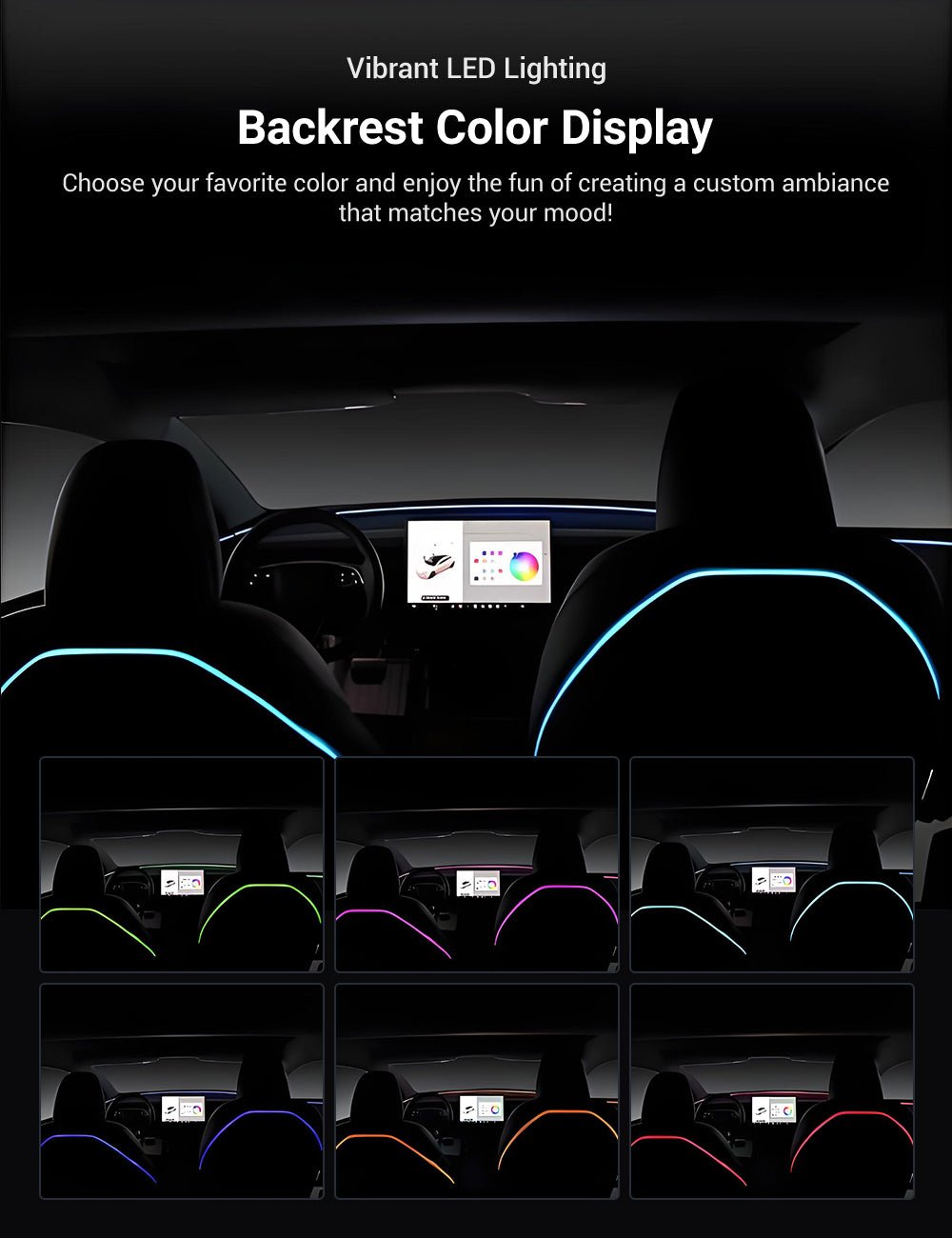 [Aisen] LED Seat Back Ambient Lighting for Tesla Model Y Juniper & Model 3 Highland (Flexible Fiber, 2-Pack)