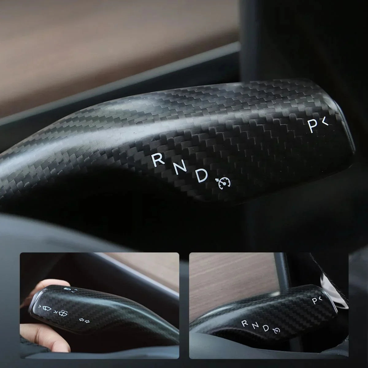 [Aisen] Steering Column Shift Lever Stalk Covers Caps for Tesla Model Y Model 3 2021-2023  (Premium Real Dry Carbon Fiber, Turn Signal Wiper 2-Piece Set)