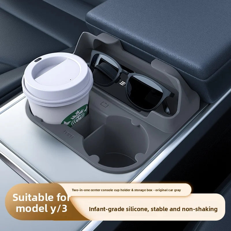 [Aisen] Center Console Cup Holder Insert Storage Organizer Tray for Tesla Model Y Model 3 (Premium Shockproof Silicone, Anti-Rattle 1-Pack)