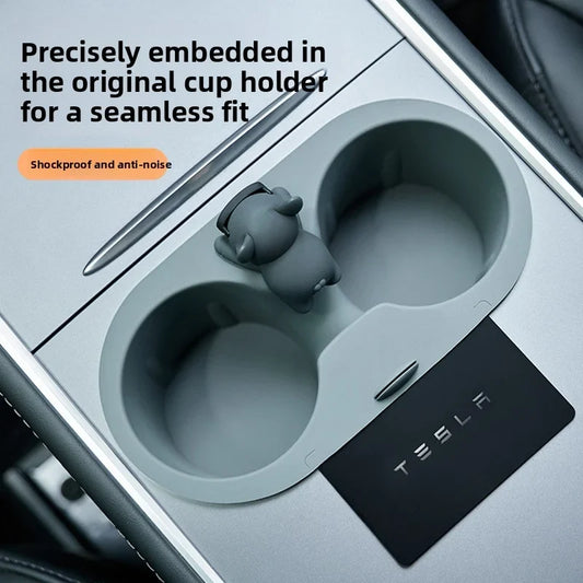 [Aisen] Chic Cartoon Center Console Cup Holder Insert Slot Stabilizer Limiter for Tesla Model Y Model 3 (Premium Shockproof Silicone, Anti-Rattle 1-Pack)