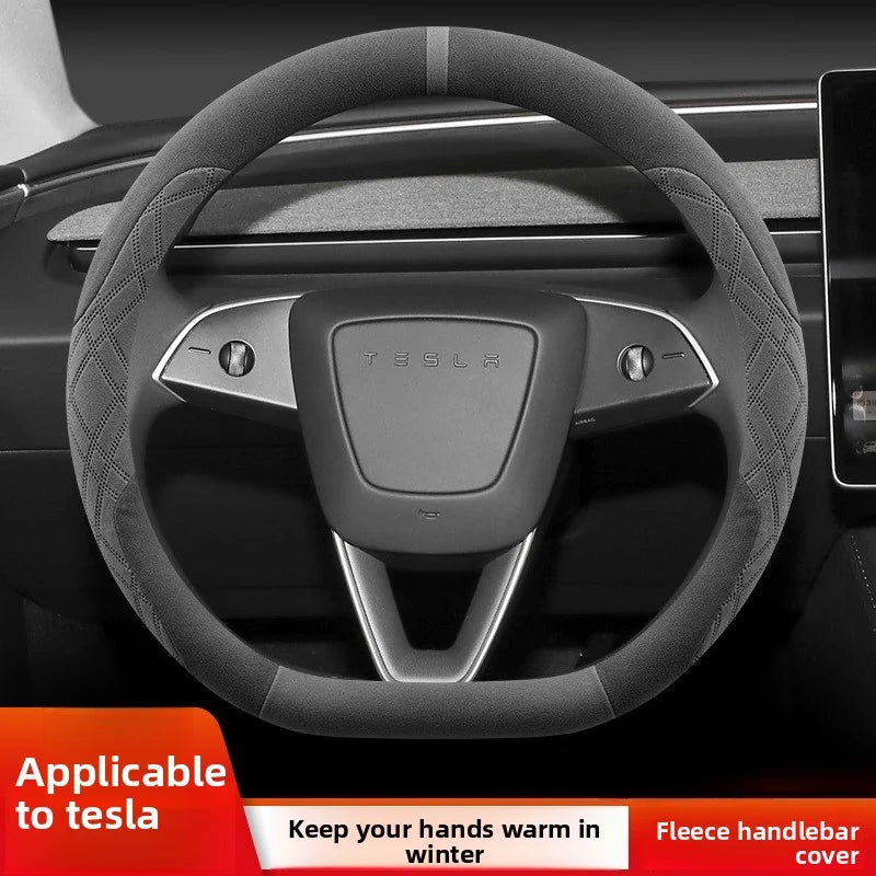 [Aisen] Winter Warm Steering Wheel Cover for Tesla Model Y Juniper & Model 3 Highland Premium Plush Anti-Slip Protector (Black)