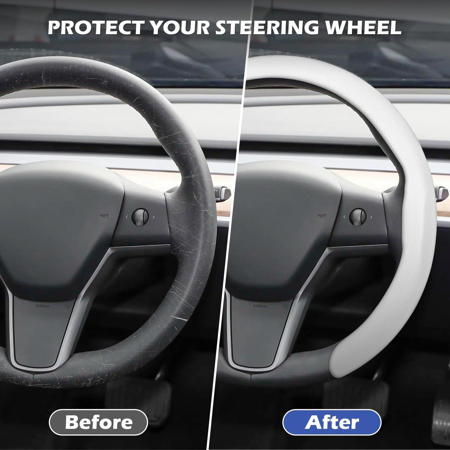 [Aisen] 5D Nappa Leather Steering Wheel Cover for Tesla Model 3 & Model Y 2017-2026+ (Premium Anti-Slip Sweatproof Shield, Tactical Black)