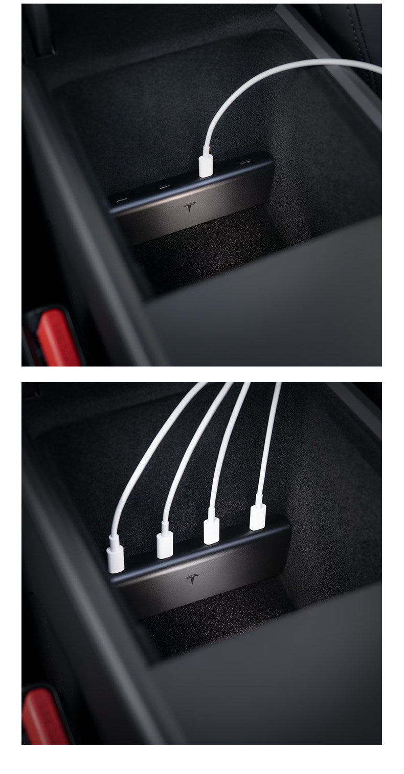 [Aisen] Center Console USB Hub Docking Station Multi-Port Type-C Splitter Adapter for Tesla Model Y Juniper Model 3 Highland (Premium Fireproof ABS & OEM-Grade Smart IC Circuit, 4-in-1 Matte Black 1PCS)