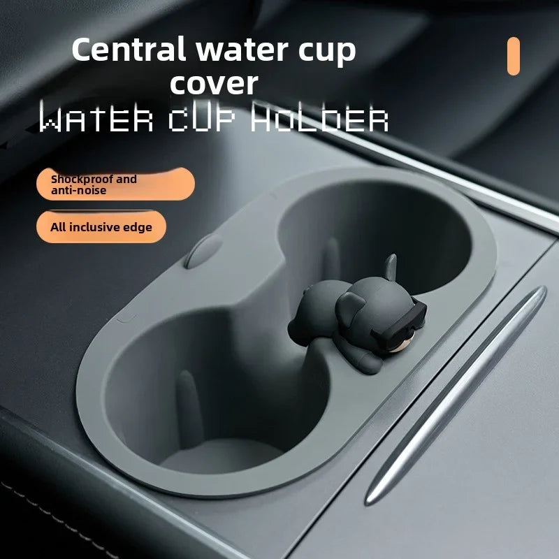 [Aisen] Chic Cartoon Center Console Cup Holder Insert Slot Stabilizer Limiter for Tesla Model Y Model 3 (Premium Shockproof Silicone, Anti-Rattle 1-Pack)