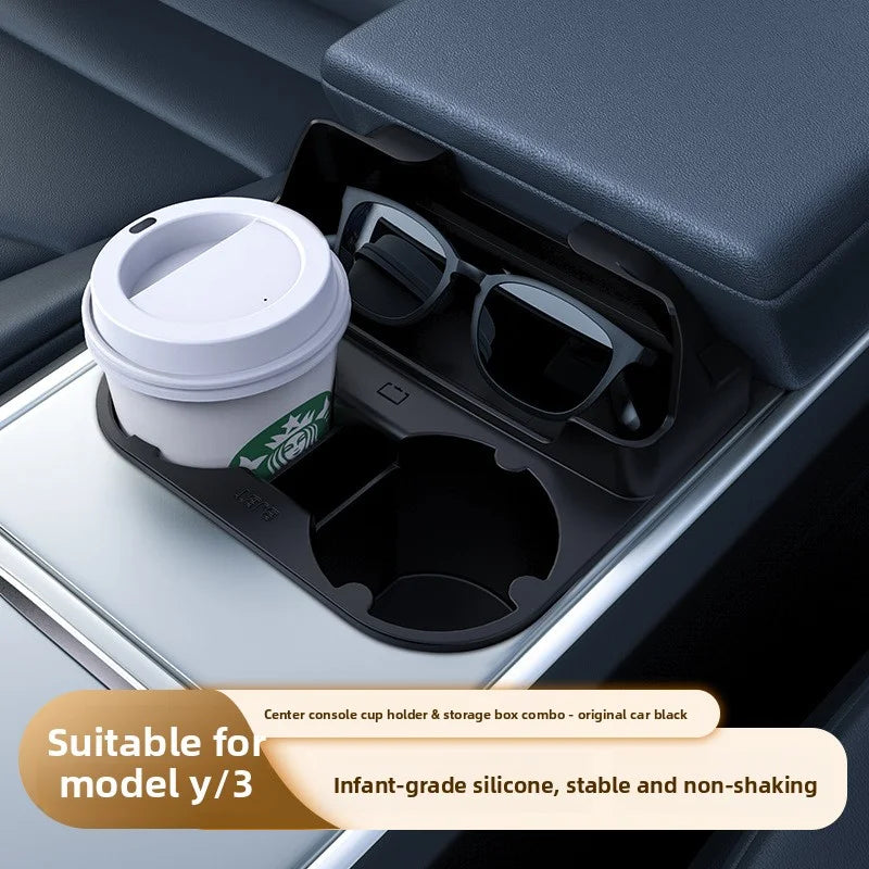 [Aisen] Center Console Cup Holder Insert Storage Organizer Tray for Tesla Model Y Model 3 (Premium Shockproof Silicone, Anti-Rattle 1-Pack)
