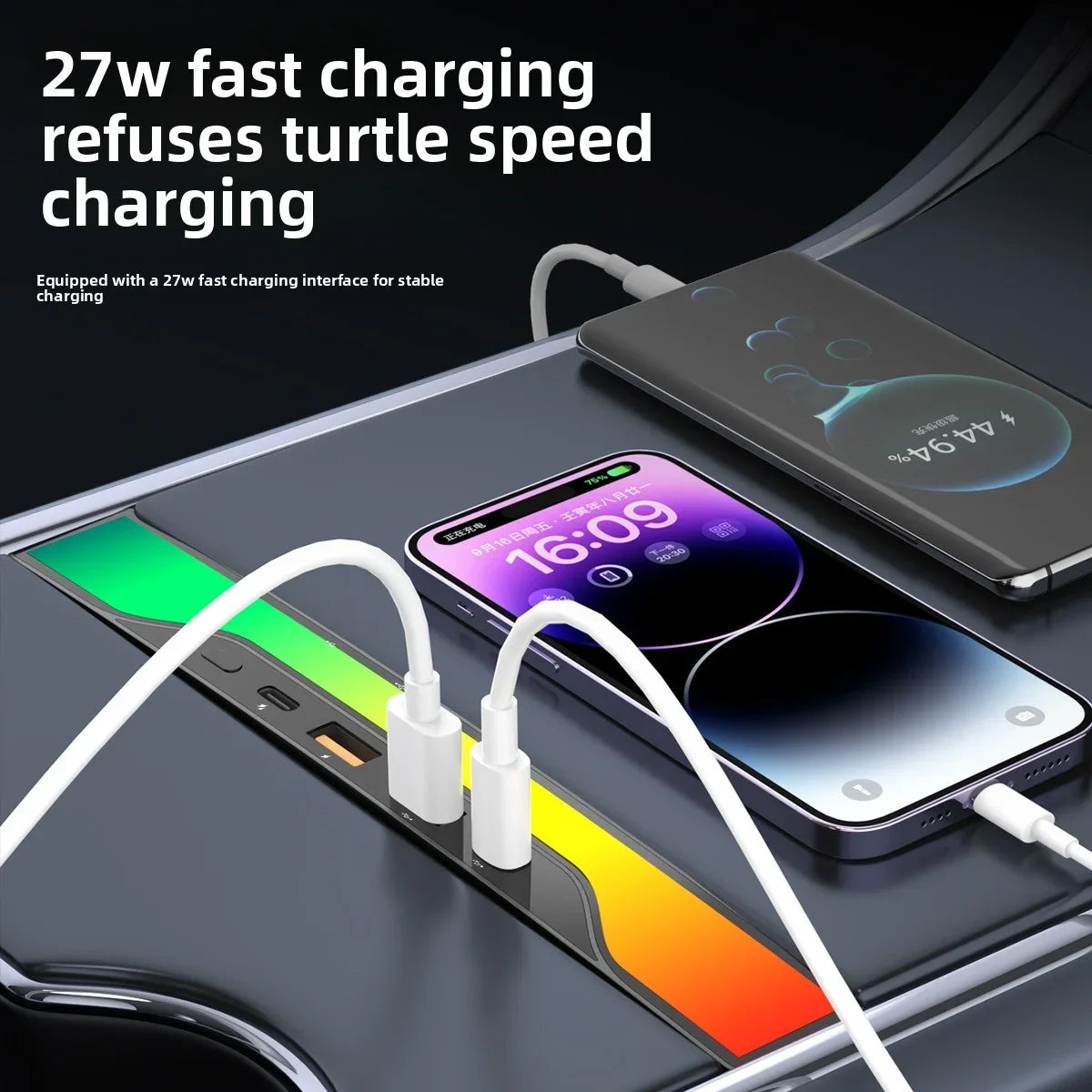 [Aisen] for Tesla Model 3 Model Y 2021-2023 Central Control Expansion Dock 27W Fast Charging  Dashboard Hub Streaming Gradient Atmosphere Light Multi-Port Car Accessory