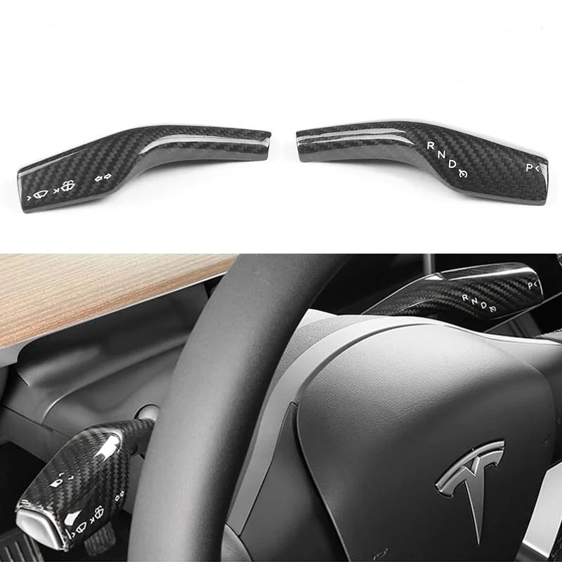 [Aisen] Steering Column Shift Lever Stalk Covers Caps for Tesla Model Y Model 3 2021-2023  (Premium Real Dry Carbon Fiber, Turn Signal Wiper 2-Piece Set)